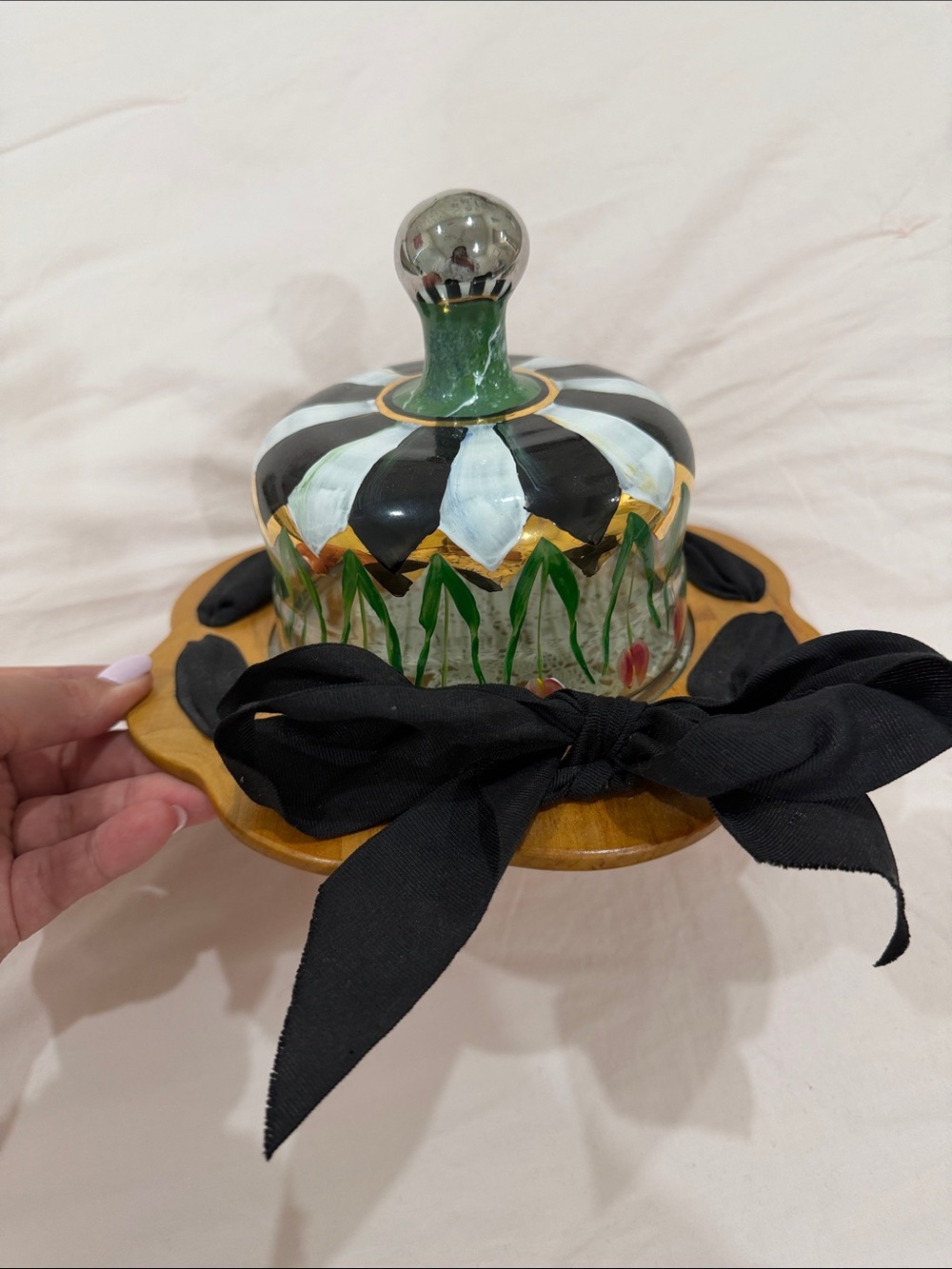 Decorative Ceramic Butter Dish with Black & White Striped Lid